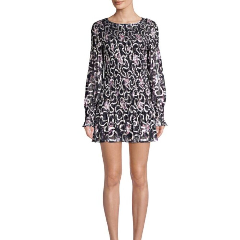 LoveShackFancy Black and Pink Paisley Long-Sleeve Mini Dress